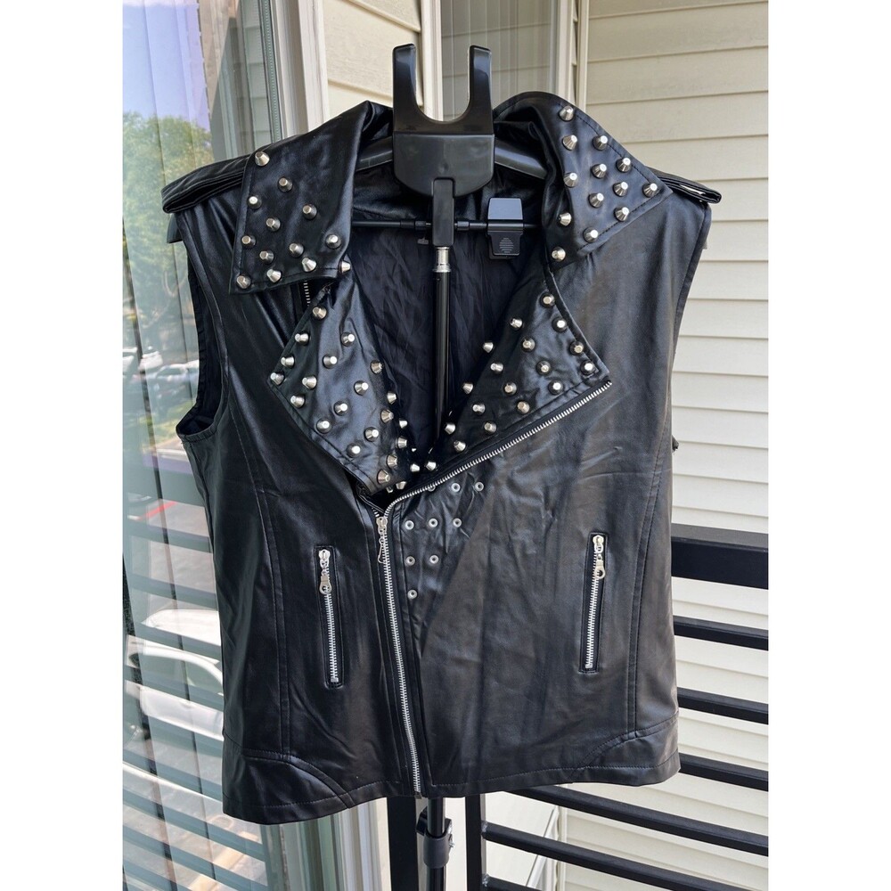 ZARA WOMAN Sleeveless Studded Faux Leather Biker Jacket 80s Vibe Black Size 2XL
